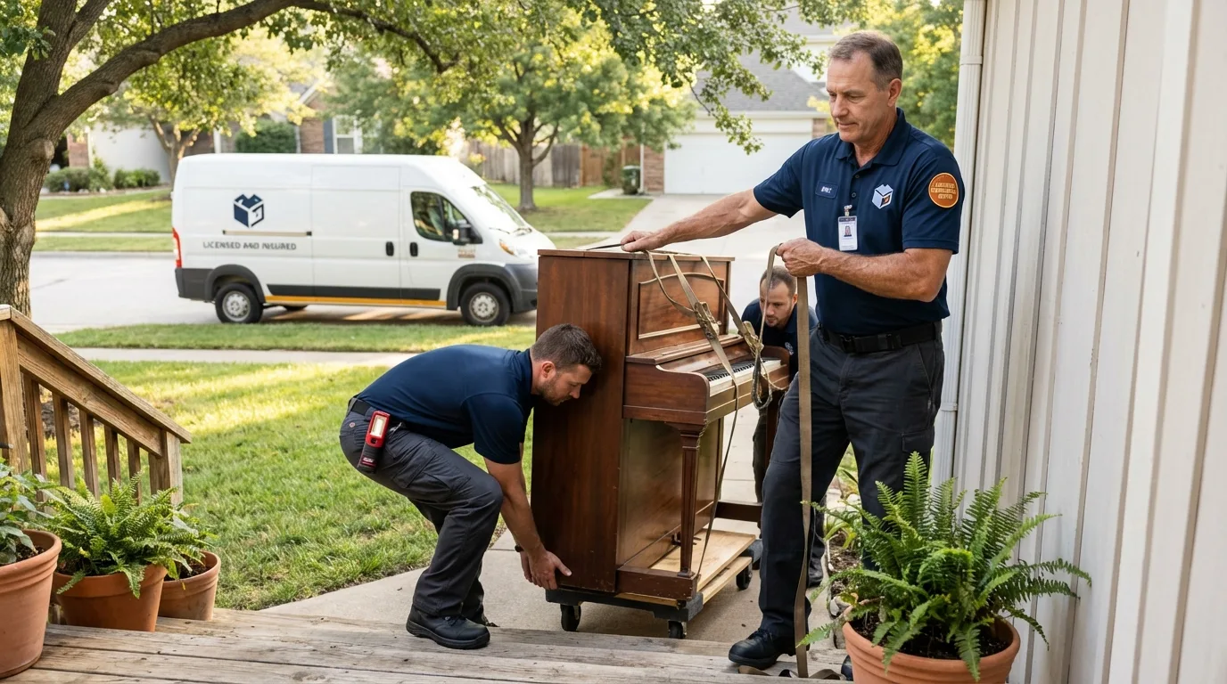 Licensed piano movers securing grand piano in Wilmot, NH