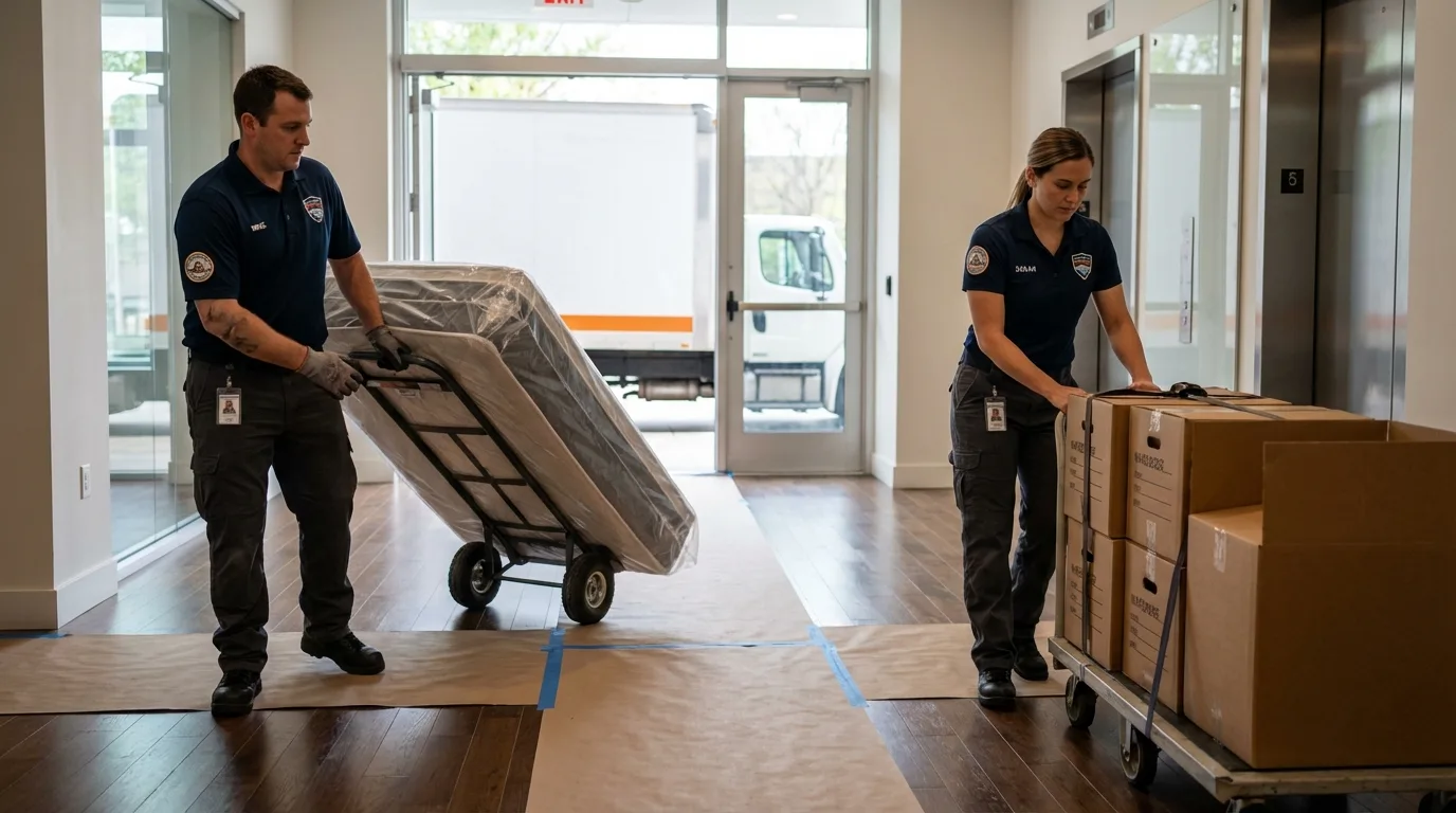 Professional apartment movers loading elevator in Wilmot, NH