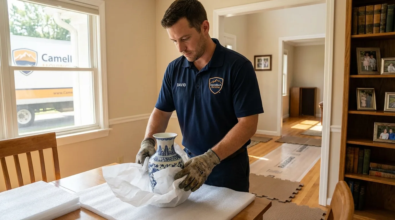 Professional crew carefully wrapping antique vase for senior downsizing move in Wilmot, NH