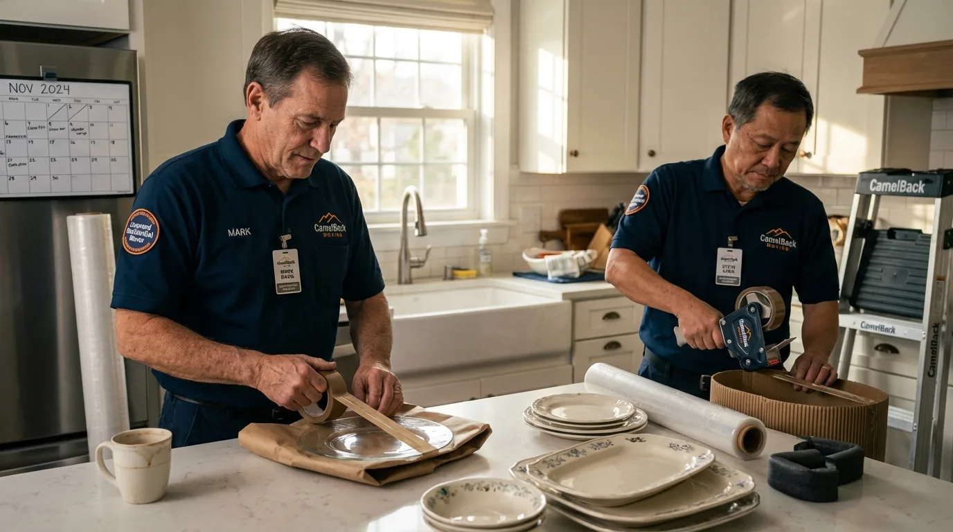 Professional crew packing kitchen dishware in Wilmot, NH